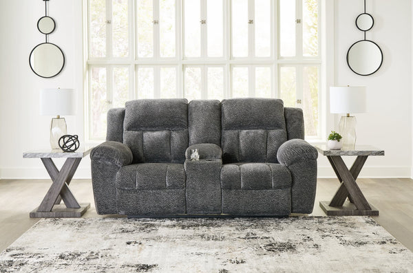 Frohn Graphite Chenille Reclining Loveseat with Console front view