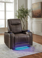 main view of Schooner Rocks Umber Faux Leather Power Recliner front angle