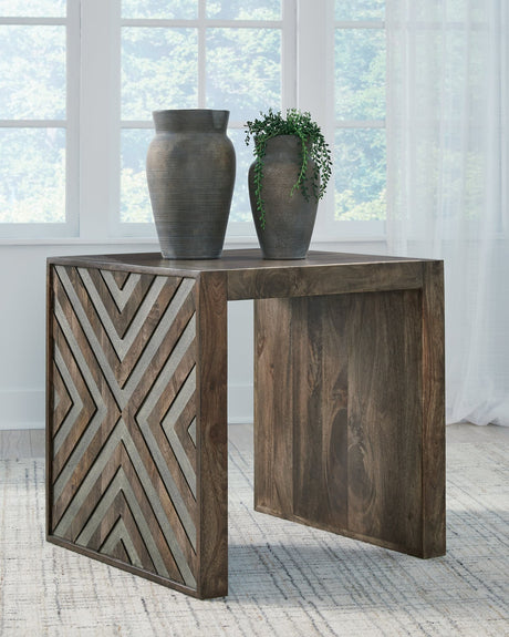 Dreggan Brown mango wood end table front angle view
