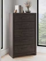 Prendonea Charcoal Chest of Drawers angled front view