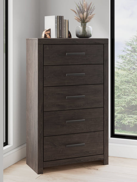 Prendonea Charcoal Chest of Drawers angled front view