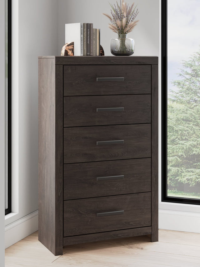 Prendonea Charcoal Chest of Drawers angled front view