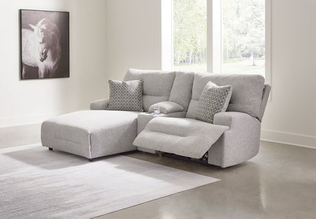 Acklen Place power reclining sectional sofa with chaise in pewter fabric, angled front view