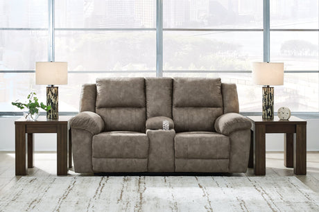 Laresview Fossil Faux Leather Reclining Loveseat with Console front angle