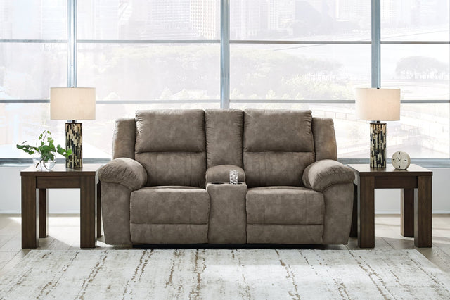 Laresview Fossil Faux Leather Reclining Loveseat with Console front angle