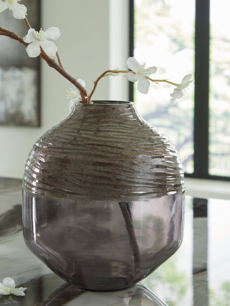 Harpwick Iridescent Gray Vase front angle showing hand-carved pattern