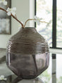 Harpwick Iridescent Gray Vase front angle showing hand-carved pattern