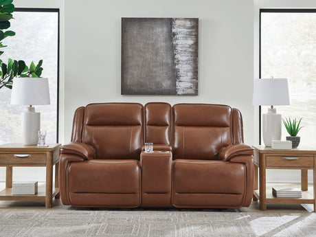 Healy Pier Chocolate Leather Power Reclining Loveseat front view with console