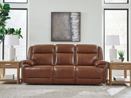 Healy Pier Chocolate Leather Power Reclining Sofa front view