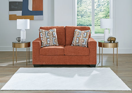 Aviemore Spice Chenille Loveseat front angle showing upholstery and legs