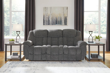 Foreside charcoal reclining sofa front view
