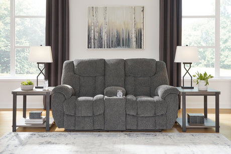 Foreside charcoal reclining loveseat with console viewed from front