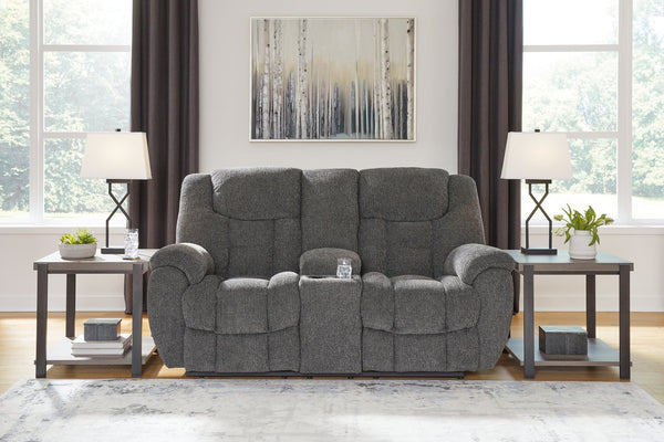 Foreside charcoal reclining loveseat with console viewed from front