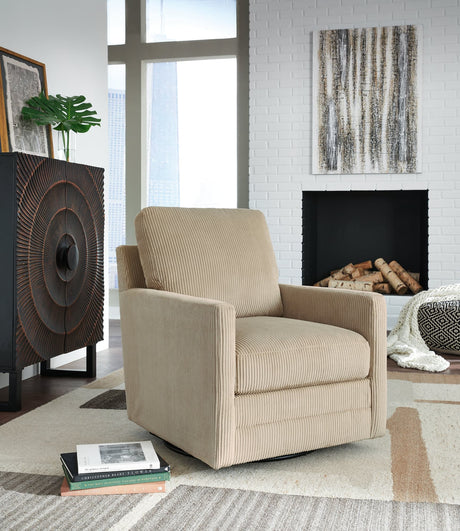 Icaman Sand Swivel Chair front angle showing fabric upholstery