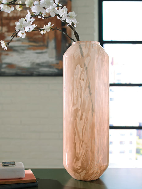 Dushby blush pink glass vase, front view
