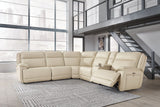 Double Deal Almond Leather 6-Piece Power Reclining Sectional front view