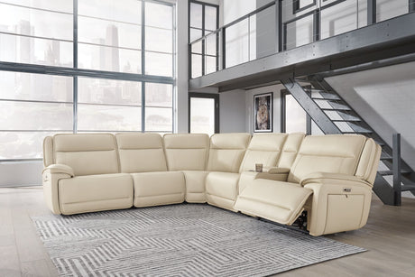 Double Deal Almond Leather 6-Piece Power Reclining Sectional front view