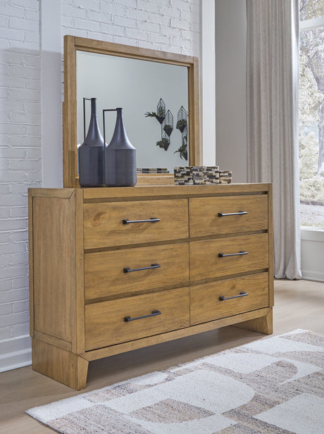 Sherbana light brown dresser with mirror, front view