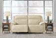 Double Deal almond leather 2-piece power reclining loveseat sectional front view