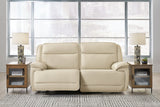 Double Deal almond leather 2-piece power reclining loveseat sectional front view