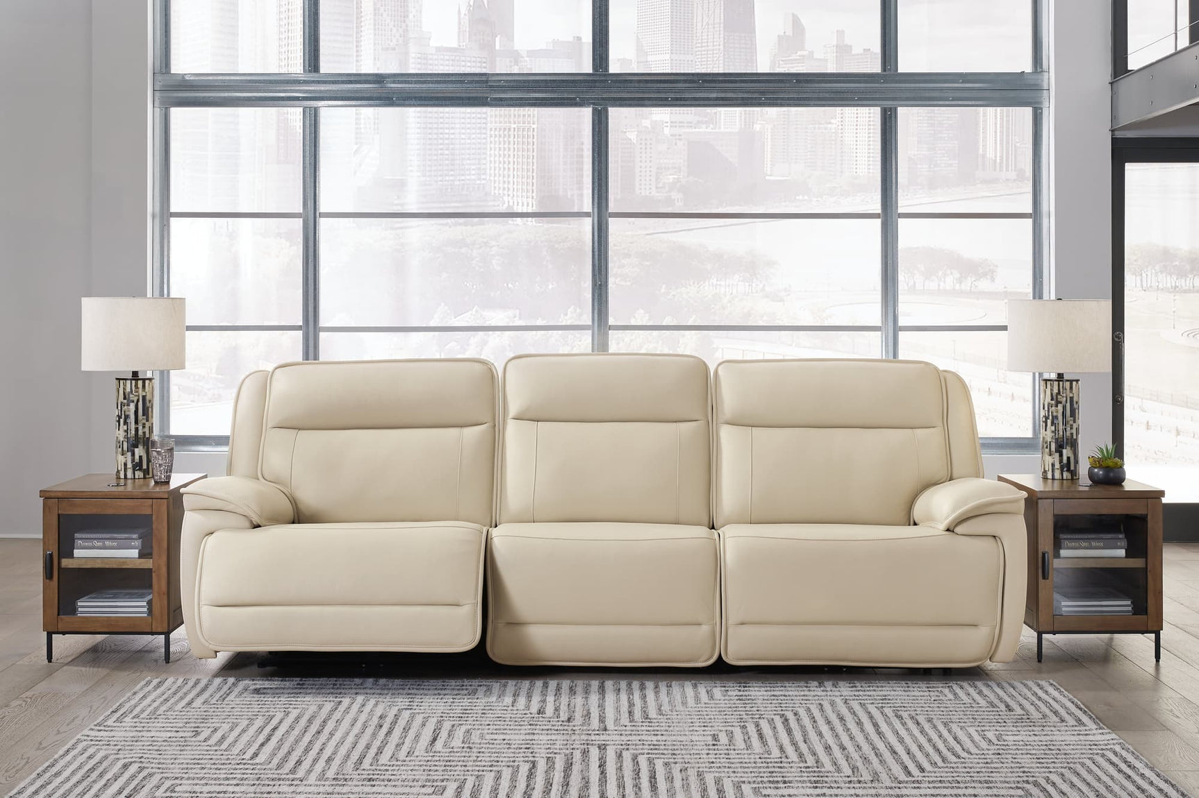 Double Deal Almond Leather 3-Piece Power Reclining Sofa Sectional front view