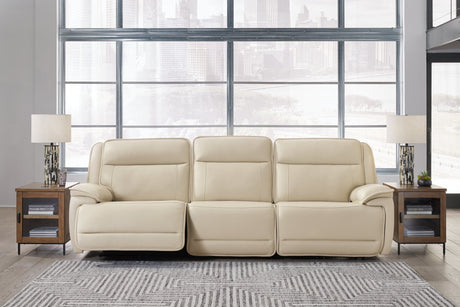 Double Deal Almond Leather 3-Piece Power Reclining Sofa Sectional front view