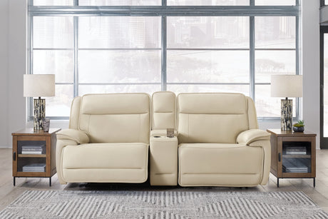 Front view of Double Deal Almond 2-Piece Power Reclining Loveseat Sectional with Console