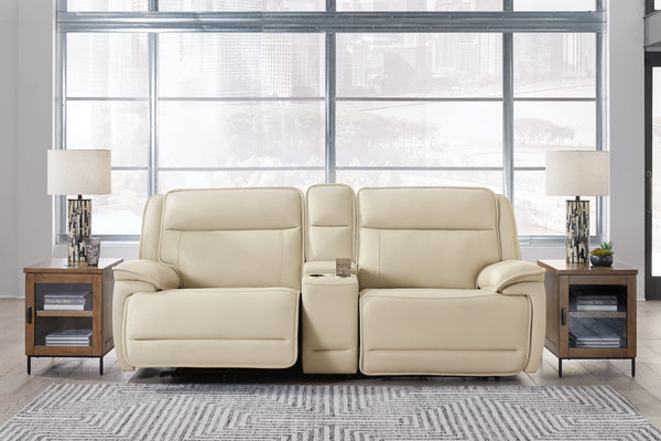 Front view of Double Deal Almond 2-Piece Power Reclining Loveseat Sectional with Console