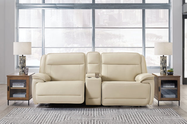 Front view of Double Deal Almond 2-Piece Power Reclining Loveseat Sectional with Console