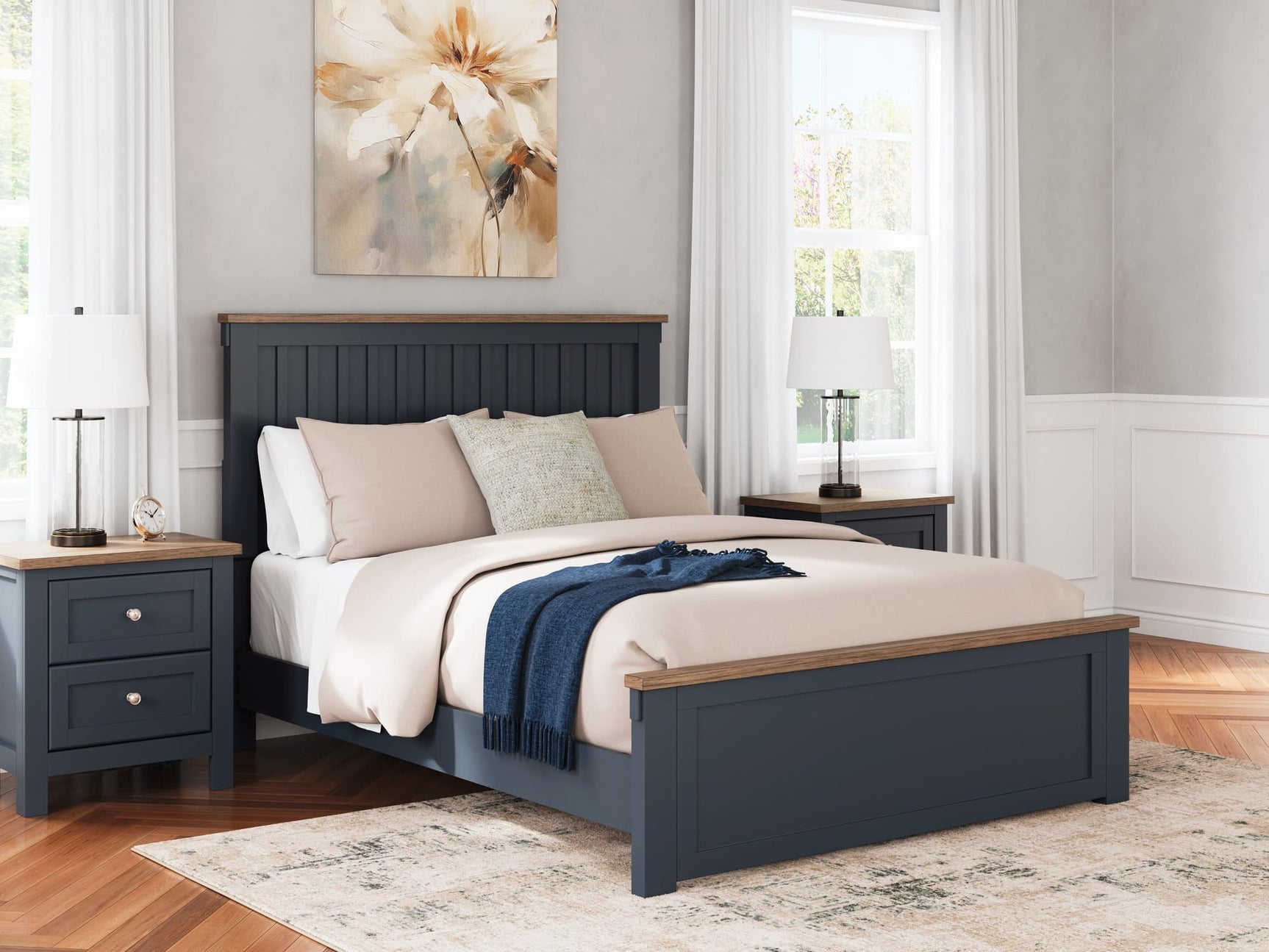 Landocken two-tone brown and blue queen panel bed front view