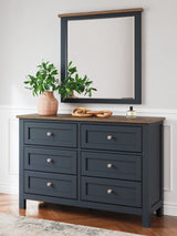 Landocken brown and blue dresser with mirror, front view