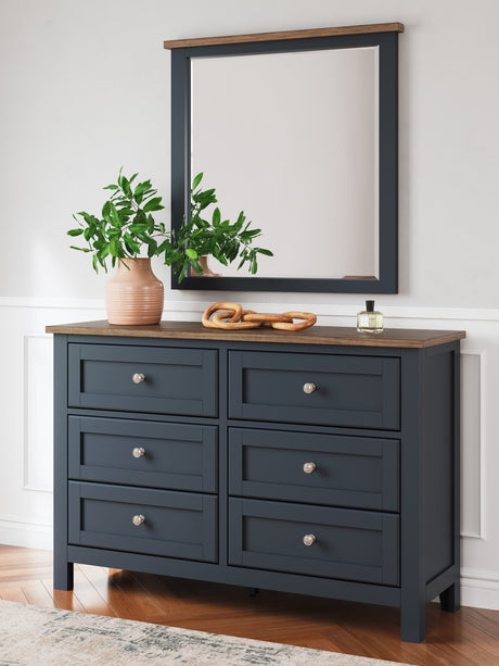 Landocken brown and blue dresser with mirror, front view