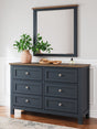 Landocken brown and blue dresser with mirror, front view