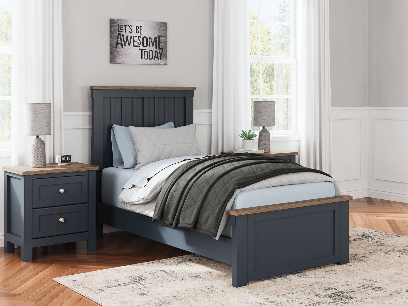 Landocken Brown and Blue Twin Panel Bed front angle