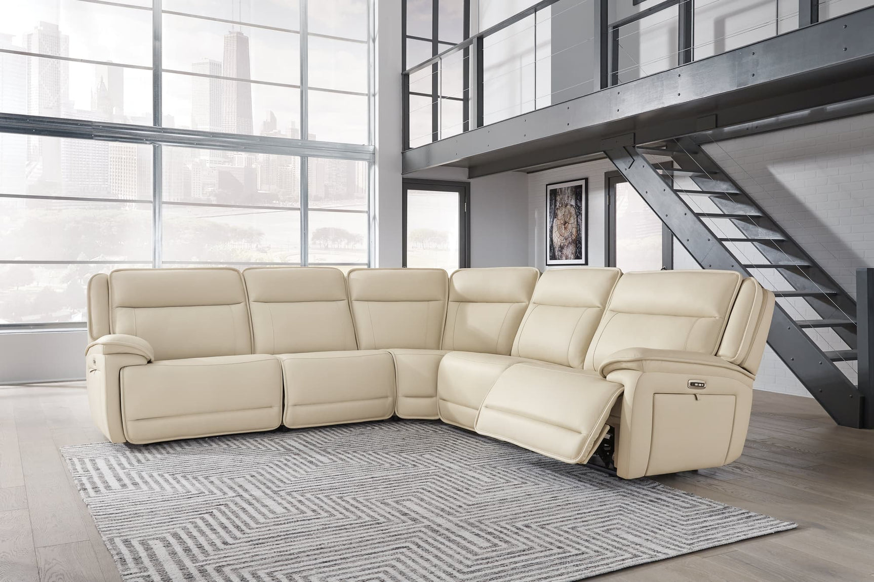 Double Deal Almond Leather 5-Piece Power Reclining Sectional front view