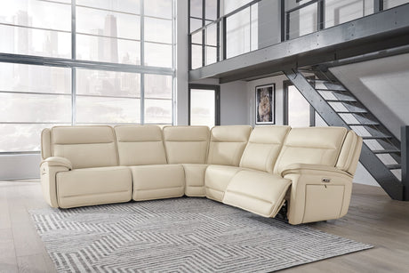 Double Deal Almond Leather 5-Piece Power Reclining Sectional front view