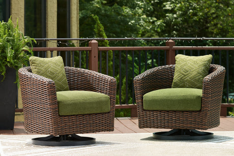 Horizon Hall brown and green outdoor swivel lounge chair with cushion, front angle
