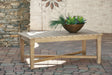 Carter Hall Outdoor Coffee Table in beige eucalyptus wood showing front angle