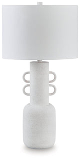 Perringhill Distressed White Table Lamp angled view with fabric drum shade
