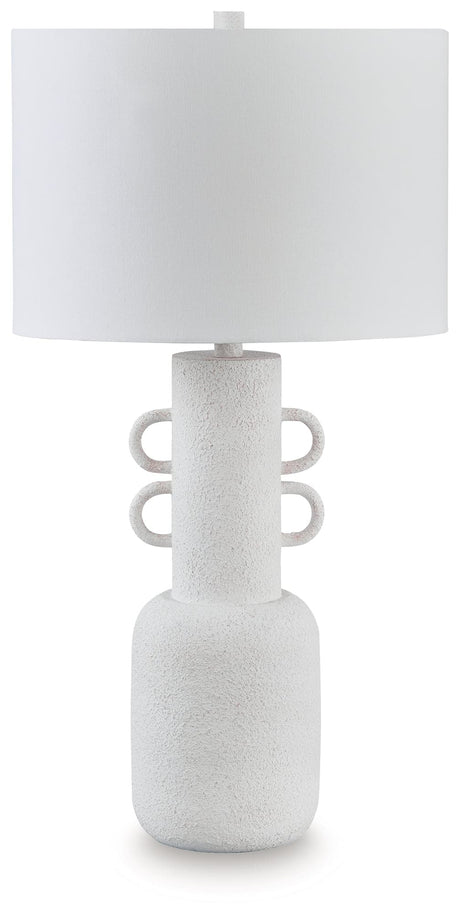 Perringhill Distressed White Table Lamp angled view with fabric drum shade
