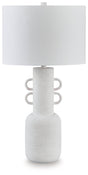 Perringhill Distressed White Table Lamp angled view with fabric drum shade