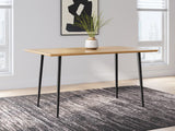 Gretlynn dining table with light acacia wood top and black metal legs, front view