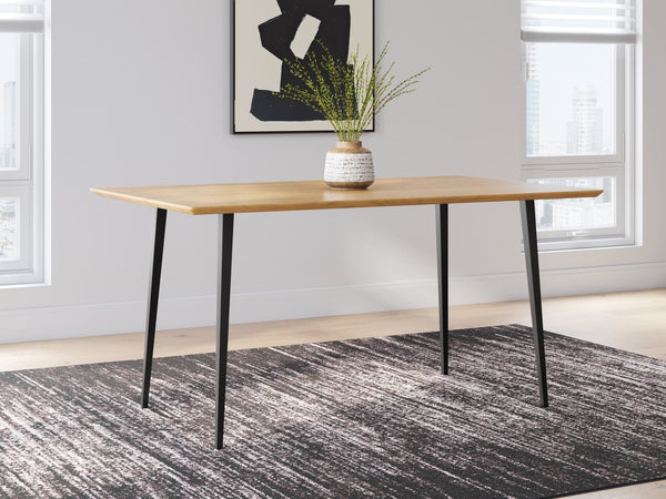 Gretlynn dining table with light acacia wood top and black metal legs, front view