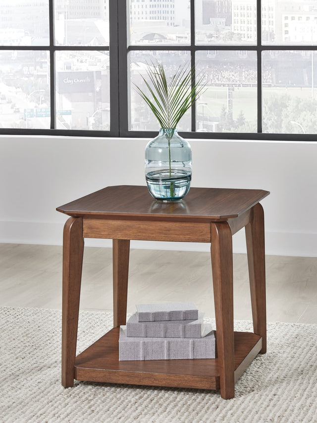 Trenmour medium brown square end table front angle