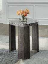 Surmour end table front view showing gray faux marble top and gray-brown legs