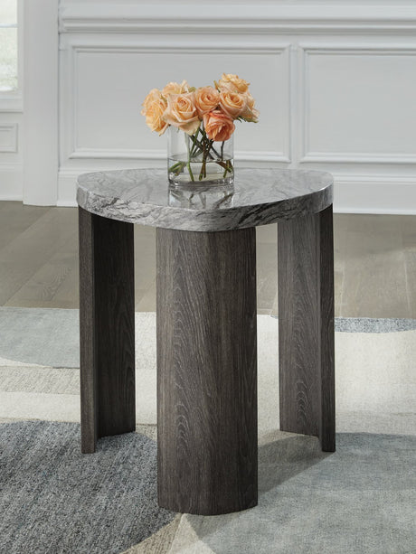 Surmour end table front view showing gray faux marble top and gray-brown legs