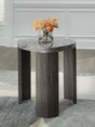 Surmour end table front view showing gray faux marble top and gray-brown legs