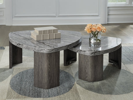 Surmour Gray Brown Stacked Coffee Table front view showing upper and lower tables