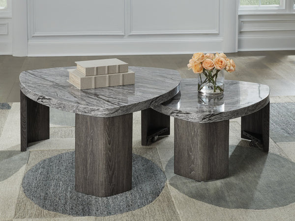 Surmour Gray Brown Stacked Coffee Table front view showing upper and lower tables