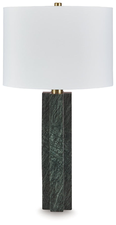 Keegan green marble table lamp with fabric shade angled view